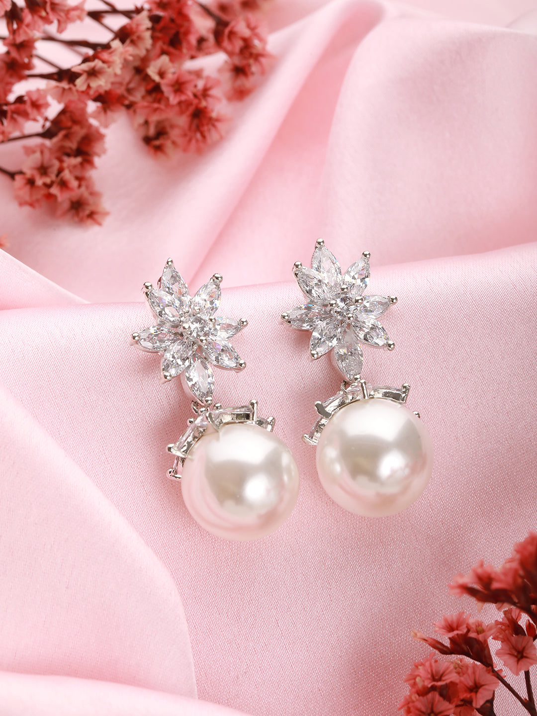 Silver Plated Zercon studded Minimal delicate Floral drop Earringa